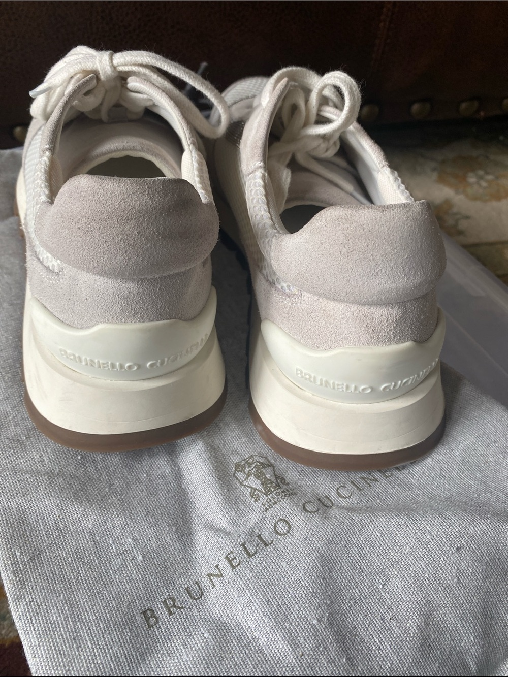 $1295 Brunello Cucinelli white/light gray mesh and suede sneakers w/monili 37.5 - Picture 6 of 12